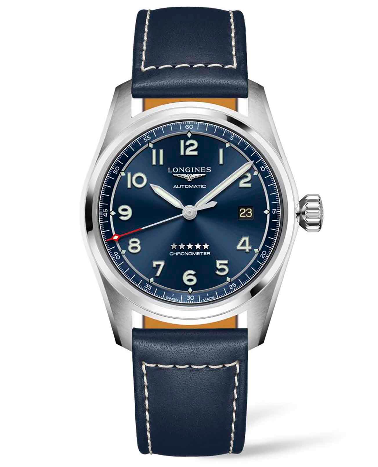 Longines Longines Spirit  L3.810.4.93.0  L38104930 механические мужские часы синий циферблат, браслет кожаный — вид спереди