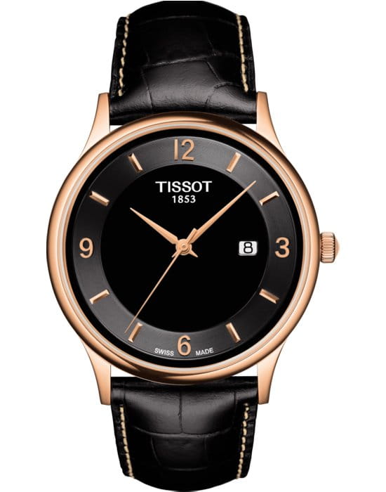 Tissot Tissot Rose Dream 18K Gold T914.410.76.057.00  T9144107605700 кварцевые мужские часы черный циферблат, браслет кожаный — вид спереди