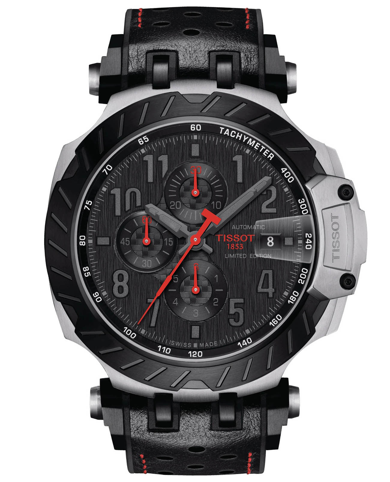 Tissot Tissot T-Race MotoGP Automatic Chronograph 2022 Limited Edition T115.427.27.057.01 T Race T1154272705701 механические мужские часы черный циферблат, браслет кожа + нейлон — вид спереди