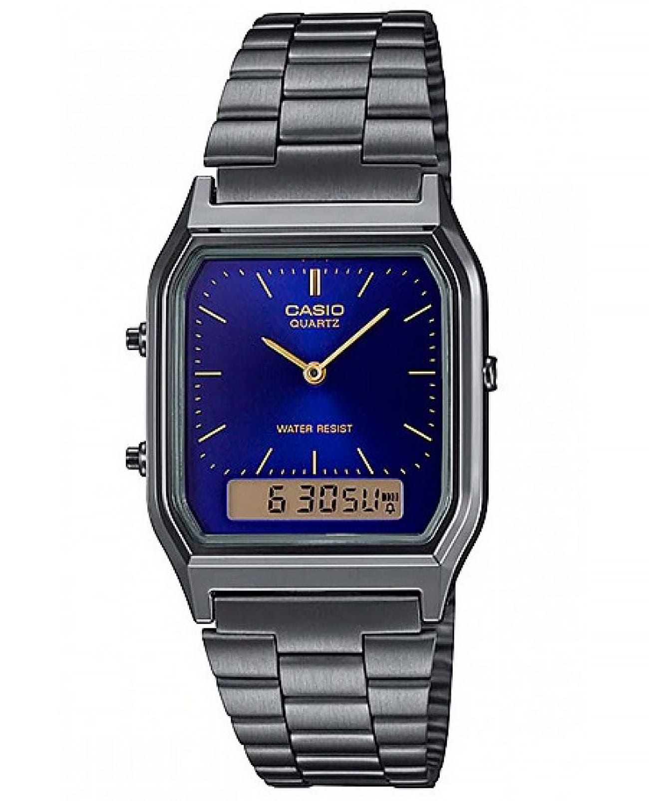 Casio Casio Vintage AQ-230GG-2ADF (AQ-230GG-2A)  AQ-230GG-2A кварцевые мужские часы синий циферблат, браслет сталь с ip покрытием — вид спереди