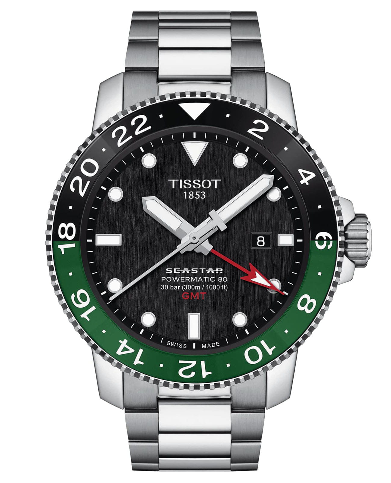 Tissot Tissot Seastar 1000 Powermatic 80 GMT T120.429.11.051.01 Seastar 1000 T1204291105101 механические мужские часы серый циферблат, браслет нержавеющая сталь — вид спереди