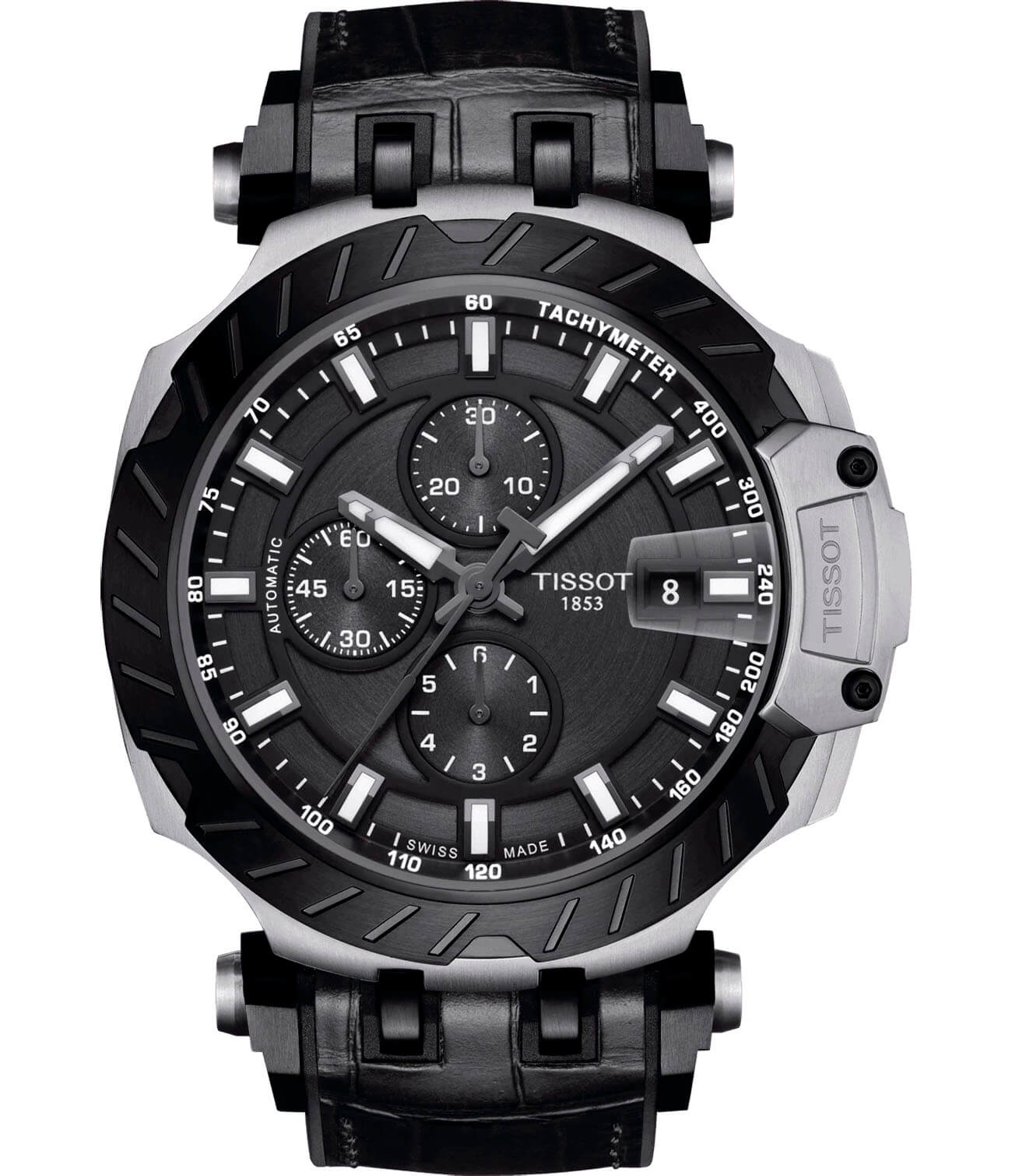 Tissot Tissot T-Race Automatic Chronograph T115.427.27.061.00 T Race T1154272706100 механические мужские часы черный циферблат, браслет кожаный — вид спереди