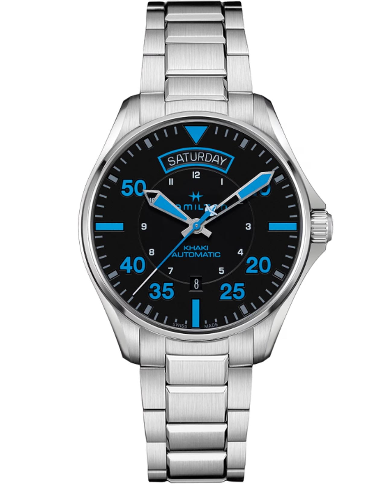 Hamilton Hamilton Khaki Aviation Pilot Day Date Air Zermatt Auto H64625131  H64625131 механические мужские часы черный циферблат, браслет нержавеющая сталь — вид спереди