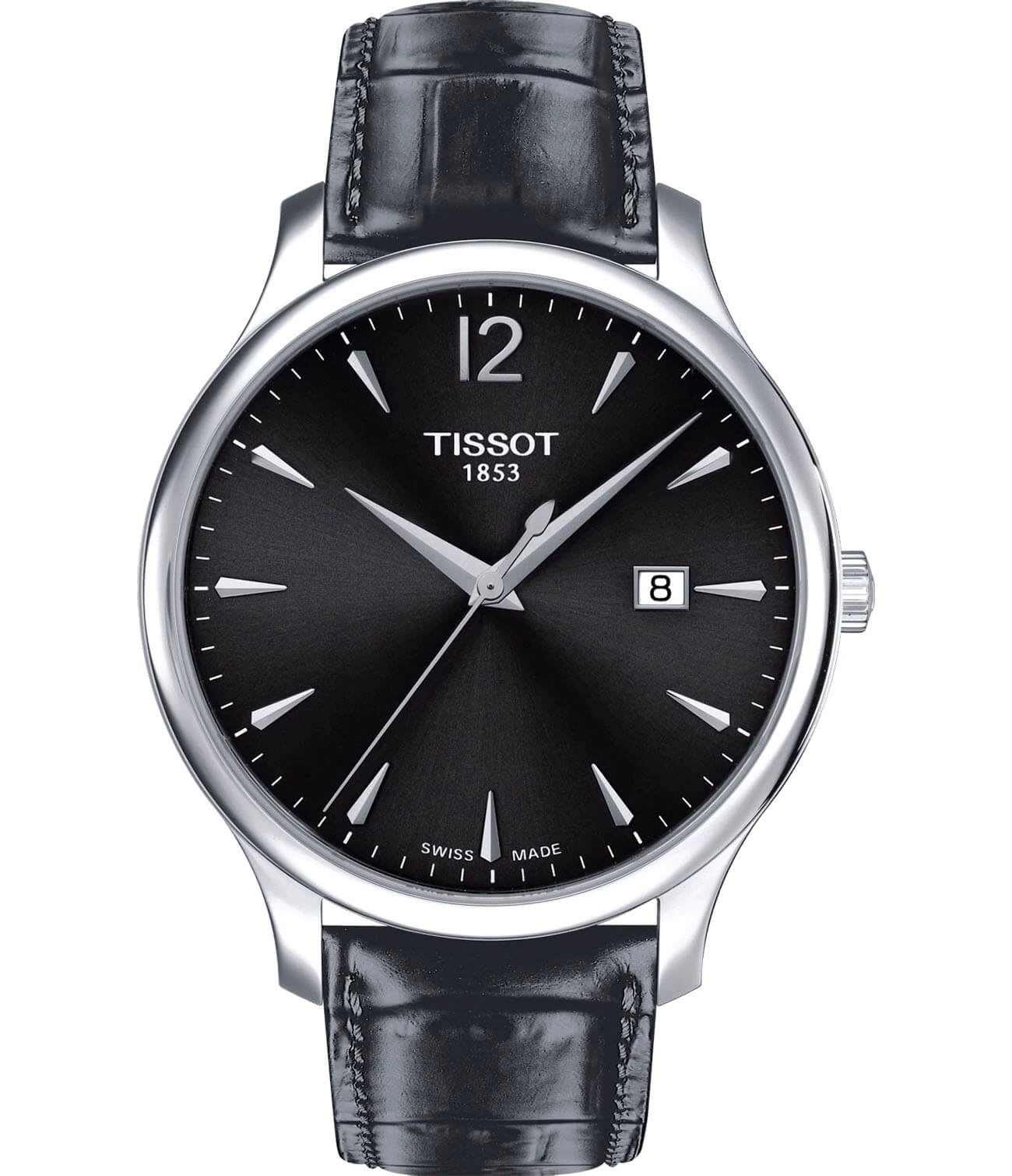 Tissot Tissot Tradition T063.610.16.087.00 Tradition T0636101608700 кварцевые мужские часы черный циферблат, браслет кожаный — вид спереди