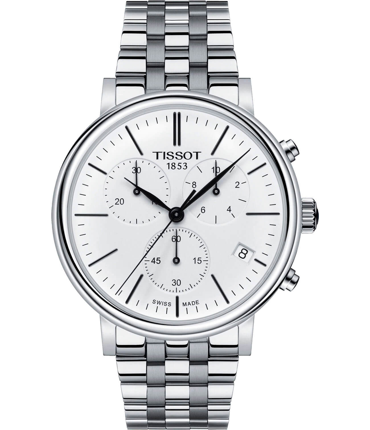 Tissot Tissot Carson Premium Chronograph T122.417.11.011.00 Carson T1224171101100 кварцевые мужские часы белый циферблат, браслет нержавеющая сталь — вид спереди