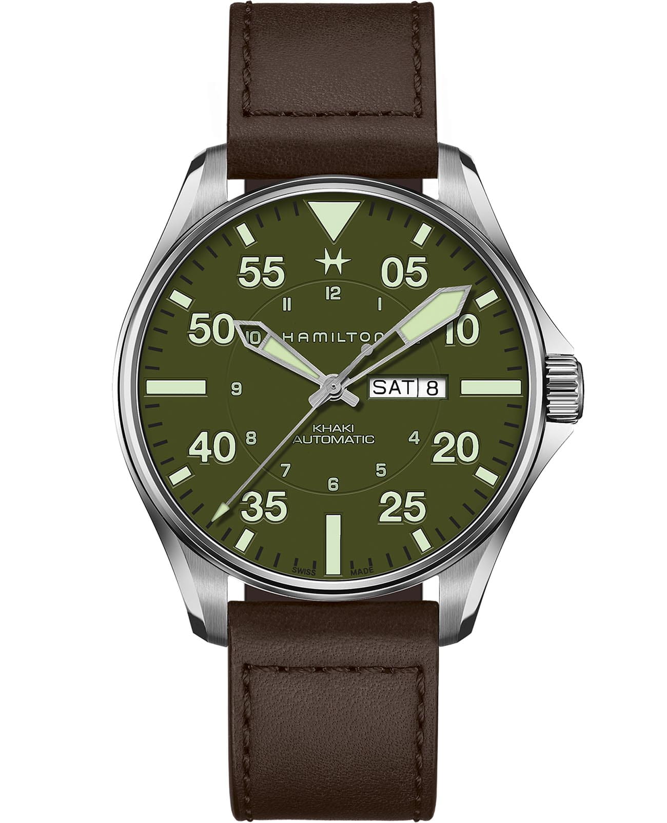 Hamilton Hamilton Khaki Aviation Pilot Schott NYC H64735561  H64735561 механические мужские часы зеленый циферблат, браслет кожаный — вид спереди