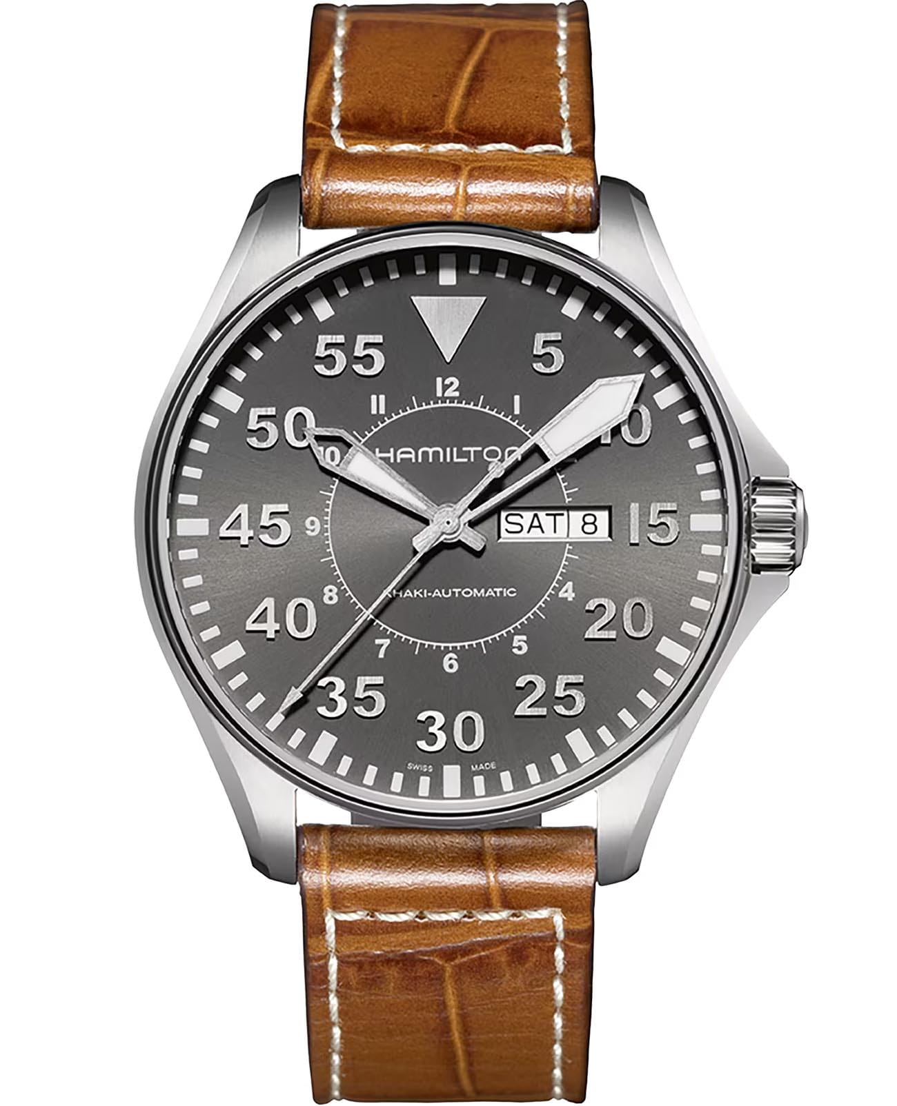 Hamilton Hamilton Khaki Aviation Pilot Day Date Auto H64715885  H64715885 механические мужские часы черный циферблат, браслет кожаный — вид спереди