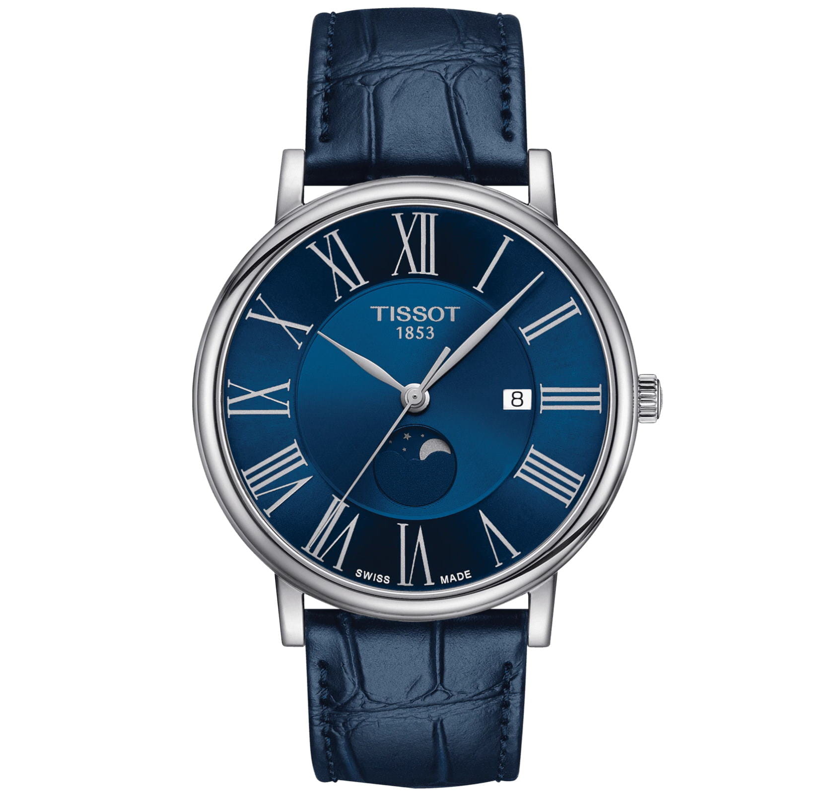 Tissot Tissot Carson Premium Gent Moonphase T122.423.16.043.00 Carson T1224231604300 кварцевые мужские часы синий циферблат, браслет кожаный — вид спереди