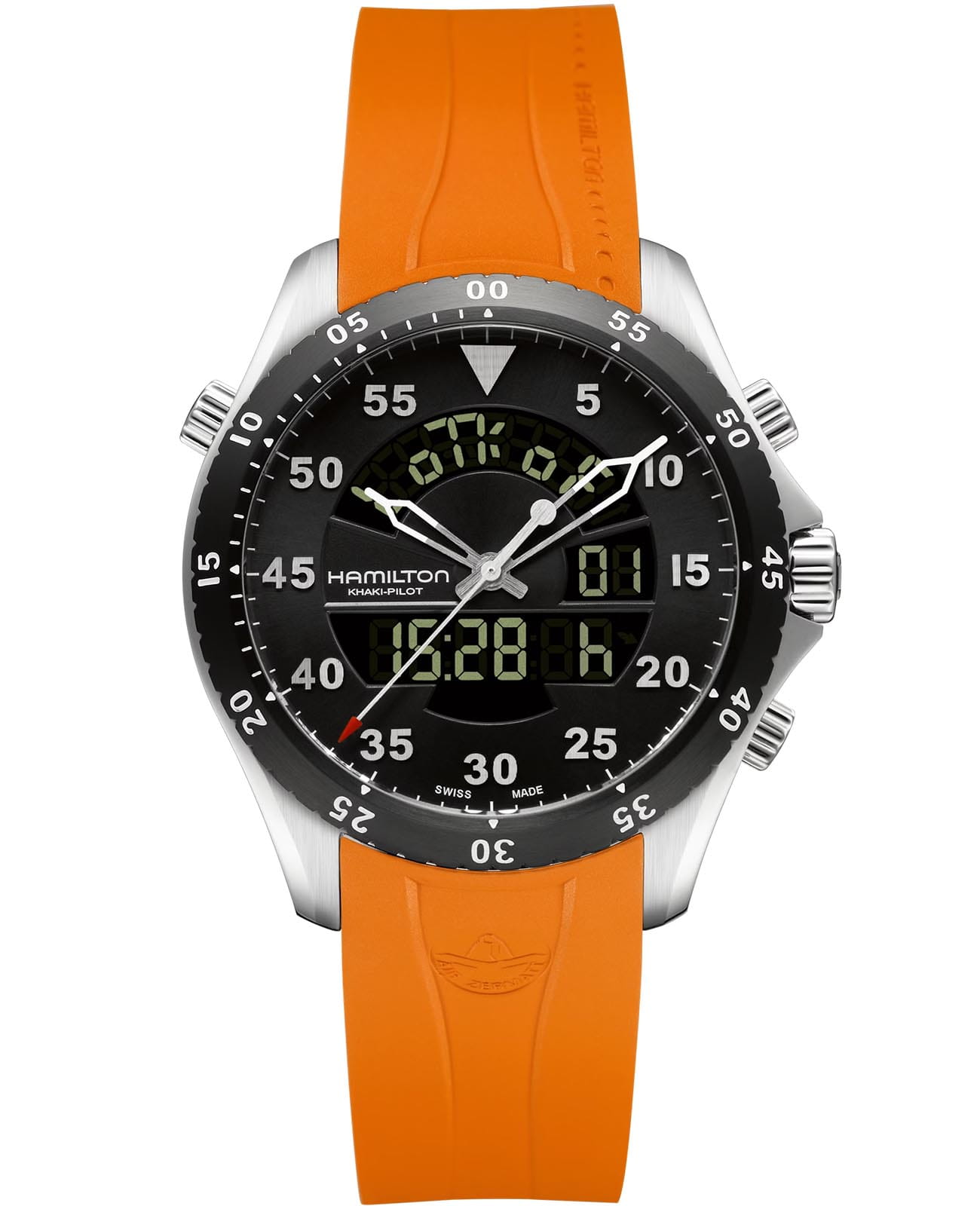Hamilton Hamilton Khaki Aviation Flight Timer Quartz H64554431  H64554431 механические мужские часы черный циферблат, браслет кожаный — вид спереди