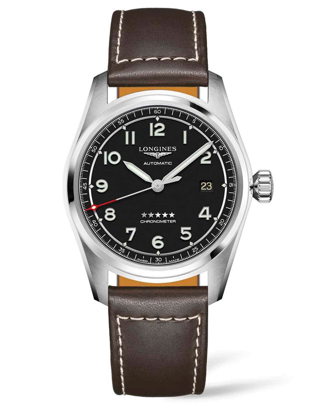 Longines Longines Spirit L3.810.4.53.0  L38104530 механические мужские часы черный циферблат, браслет кожаный — вид спереди