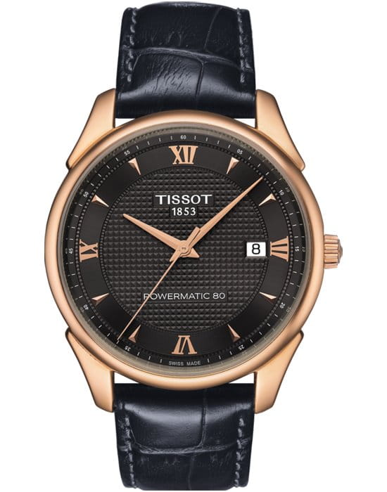 Tissot Tissot Vintage Powermatic 80 18K Gold T920.407.76.068.00  T9204077606800 механические мужские часы черный циферблат, браслет кожаный — вид спереди