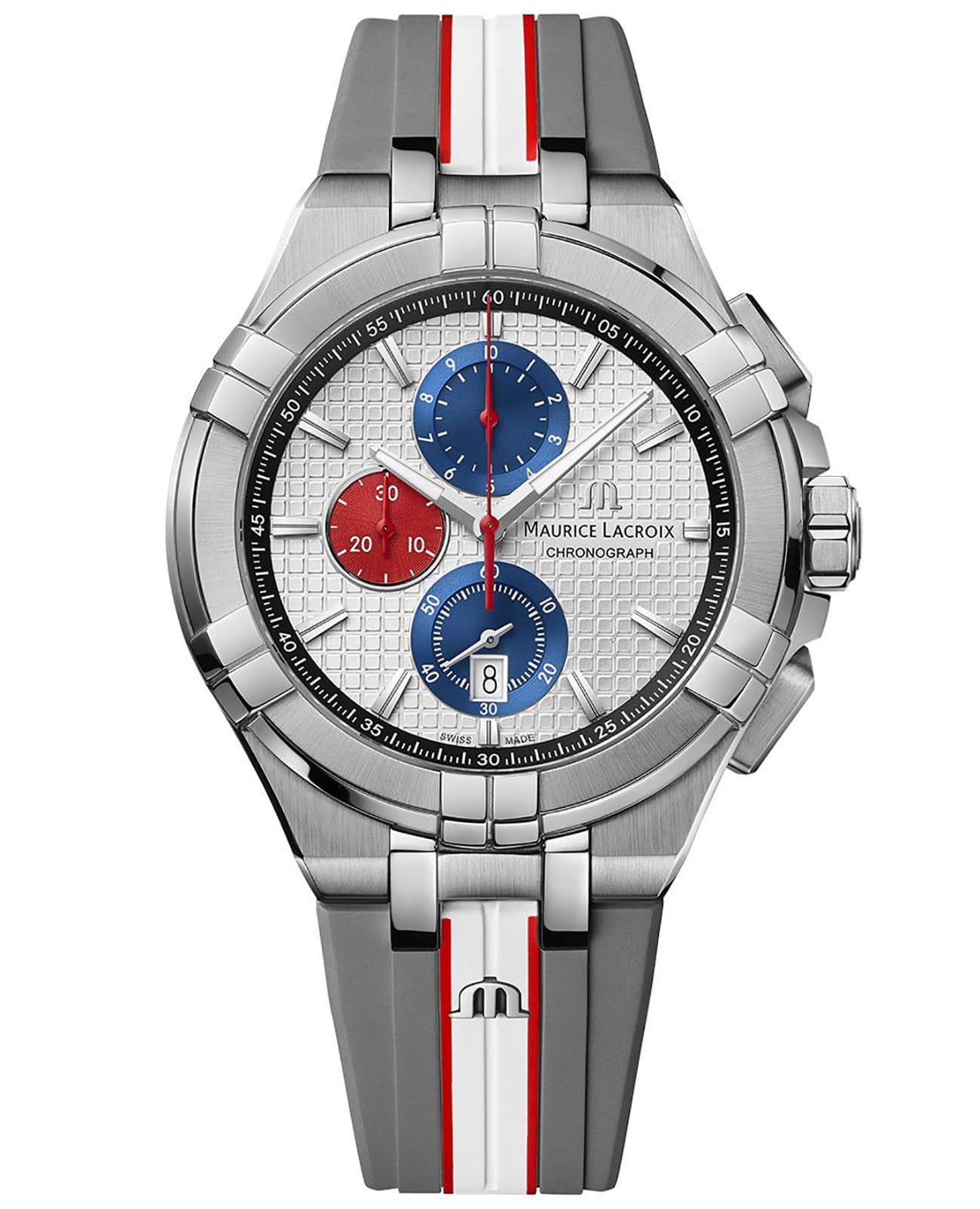 Maurice Lacroix Maurice Lacroix Aikon Chronograph Quartz Special Edition Mahindra Racing AI1018-TT031-130-2  AI1018-TT031-130-2 кварцевые мужские часы серебристый циферблат, браслет каучук — вид спереди