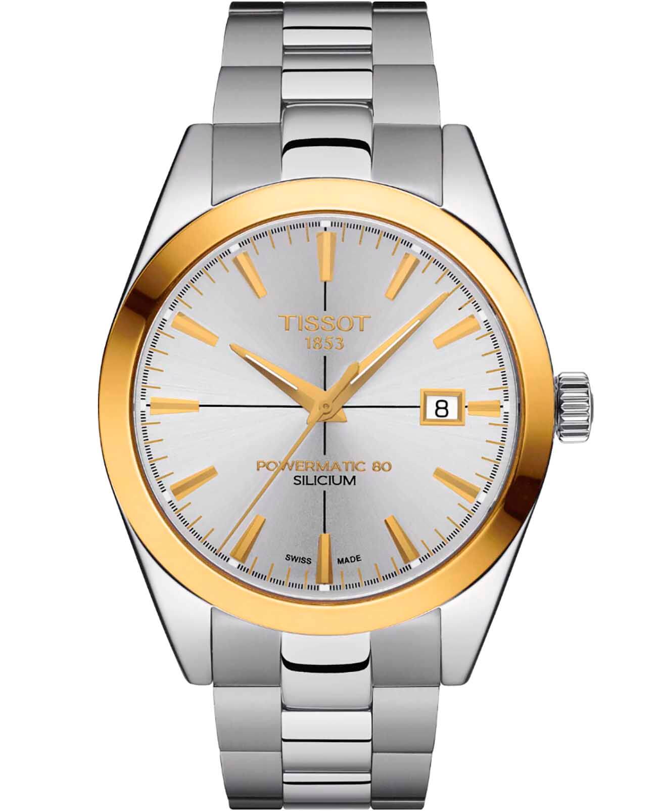 Tissot Tissot Gentleman Powermatic 80 Silicium 18K Gold T927.407.41.031.01 Gentleman T9274074103101 механические мужские часы серебристый циферблат, браслет нержавеющая сталь — вид спереди