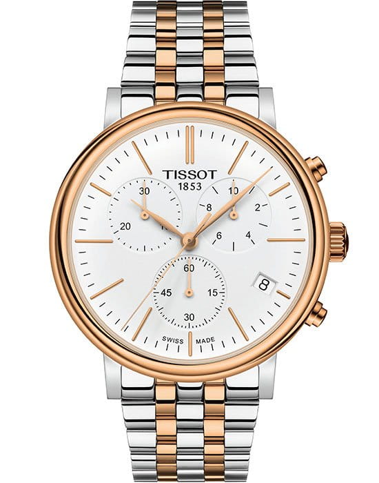 Tissot Tissot Carson Premium Chronograph T122.417.22.011.00 Carson T1224172201100 кварцевые мужские часы белый циферблат, браслет сталь c pvd покрытием — вид спереди