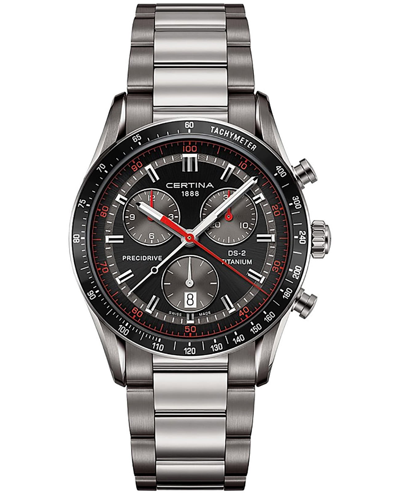 Certina Certina DS-2 Chronograph 1/100 sec C024.447.44.051.00 DS 2 C0244474405100 кварцевые мужские часы черный циферблат, браслет титановый — вид спереди