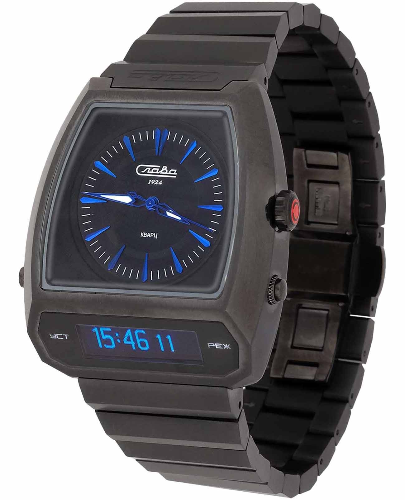 Слава Слава Погоня 9006738/100-GL32  9006738/100-GL32 кварцевые мужские часы черный циферблат, браслет титановый c ip покрытием — вид спереди
