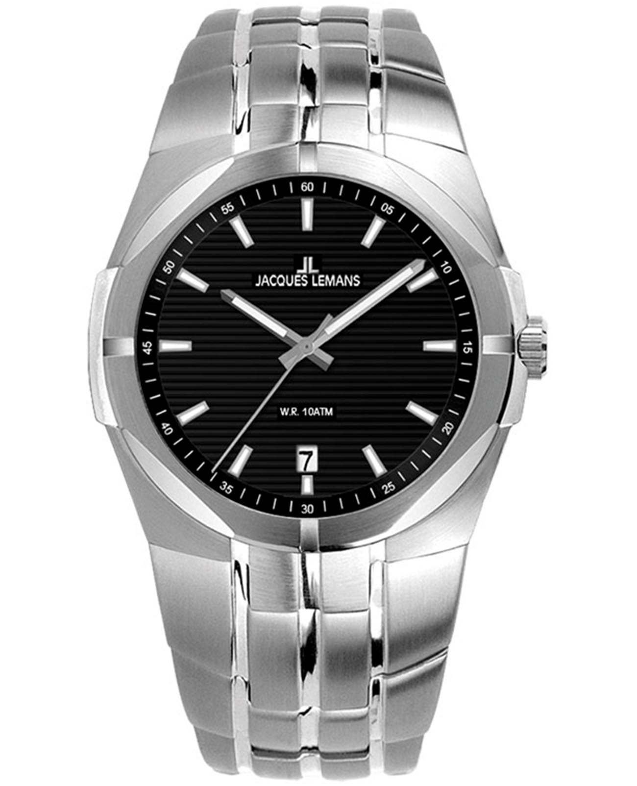 Jacques Lemans Jacques Lemans 1-2177A  1-2177A кварцевые мужские часы черный циферблат, браслет нержавеющая сталь — вид спереди