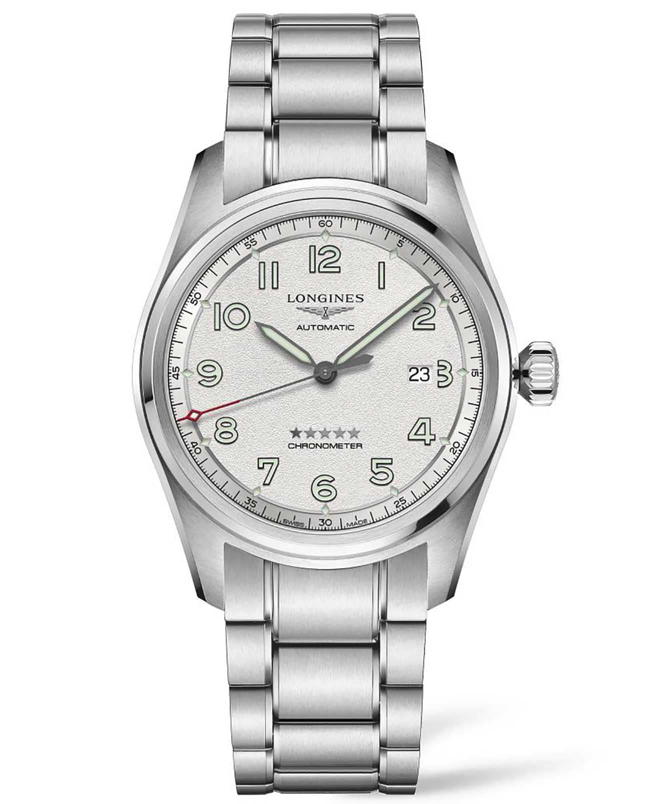 Longines Longines Spirit L3.811.4.73.6  L38114736 механические мужские часы белый циферблат, браслет нержавеющая сталь — вид спереди