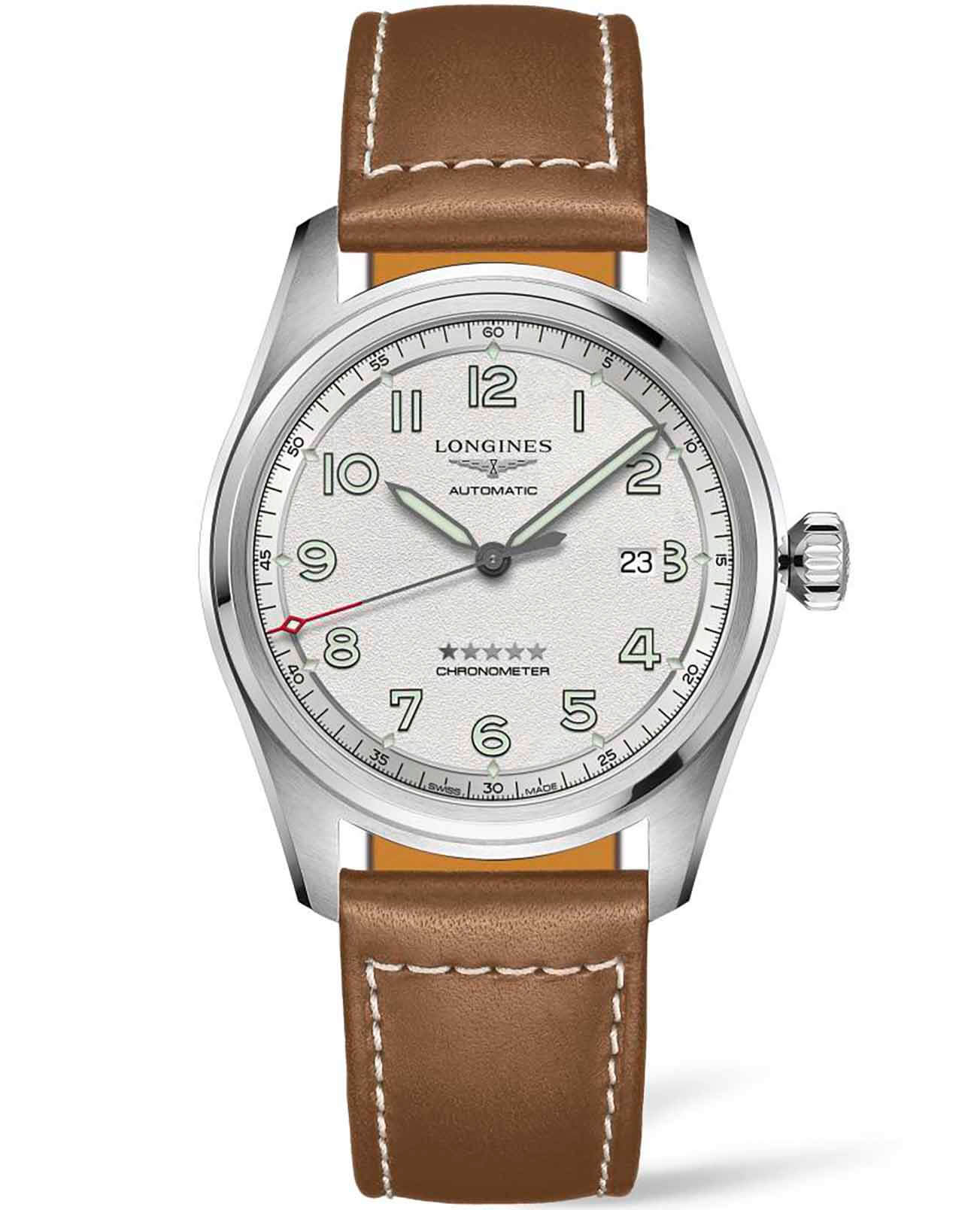 Longines Longines Spirit L3.811.4.73.2  L38114732 механические мужские часы серебристый циферблат, браслет кожаный — вид спереди