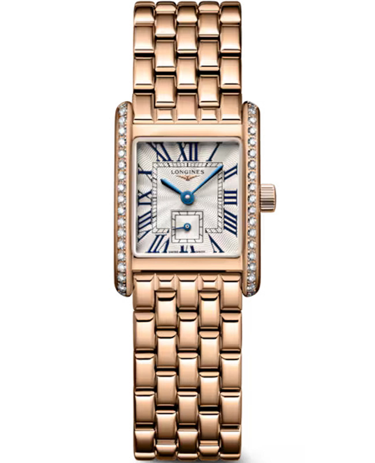 Longines Longines DolceVita L5.200.9.71.6  L52009716 кварцевые женские часы белый циферблат, браслет нержавеющая сталь и 18 каратное розовое золото — вид спереди