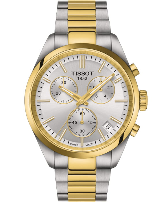 Tissot Tissot PR 100 Chronograph T150.417.22.031.00 PR 100 T1504172203100 кварцевые мужские часы серебристый циферблат, браслет нержавеющая сталь с pvd-покрытием — вид спереди