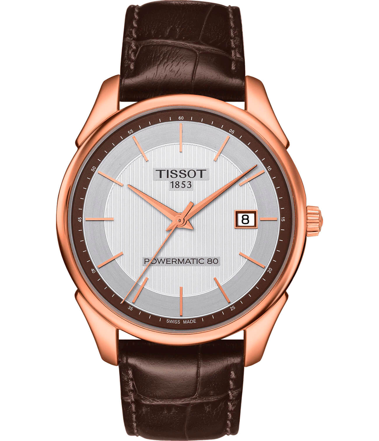 Tissot Tissot Vintage Powermatic 80 18K Gold T920.407.76.031.00  T9204077603100 механические мужские часы белый циферблат, браслет кожаный — вид спереди