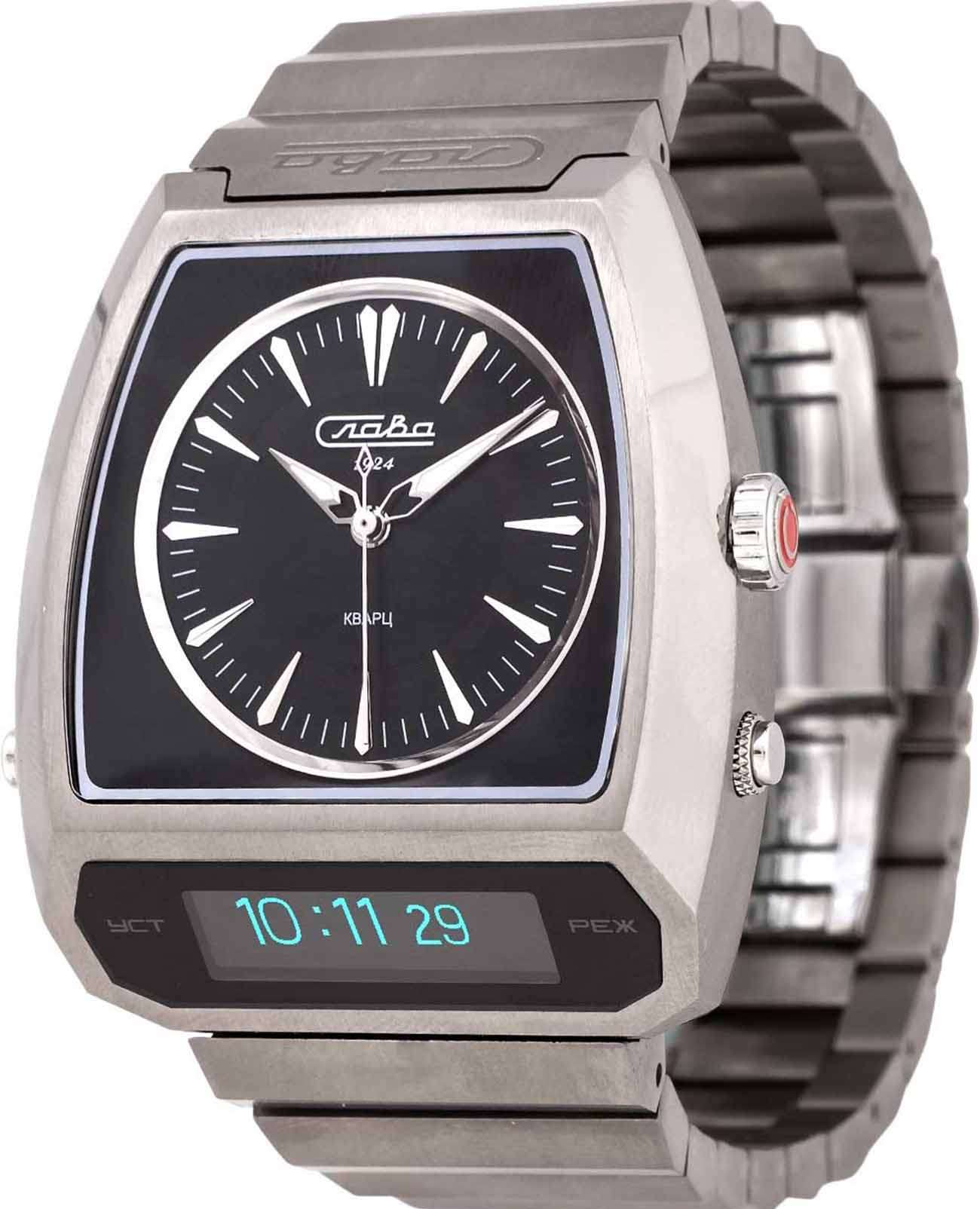 Слава Слава Погоня 9002737/100-GL32  9002737/100-GL32 кварцевые мужские часы черный циферблат, браслет титановый — вид спереди