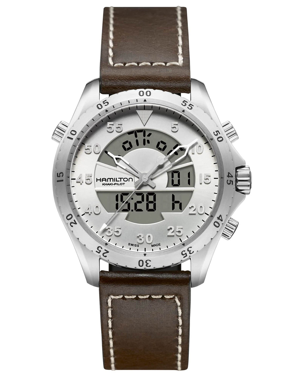 Hamilton Hamilton Khaki Aviation Flight Timer Quartz H64514551  H64514551 механические мужские часы серебристый циферблат, браслет кожаный — вид спереди