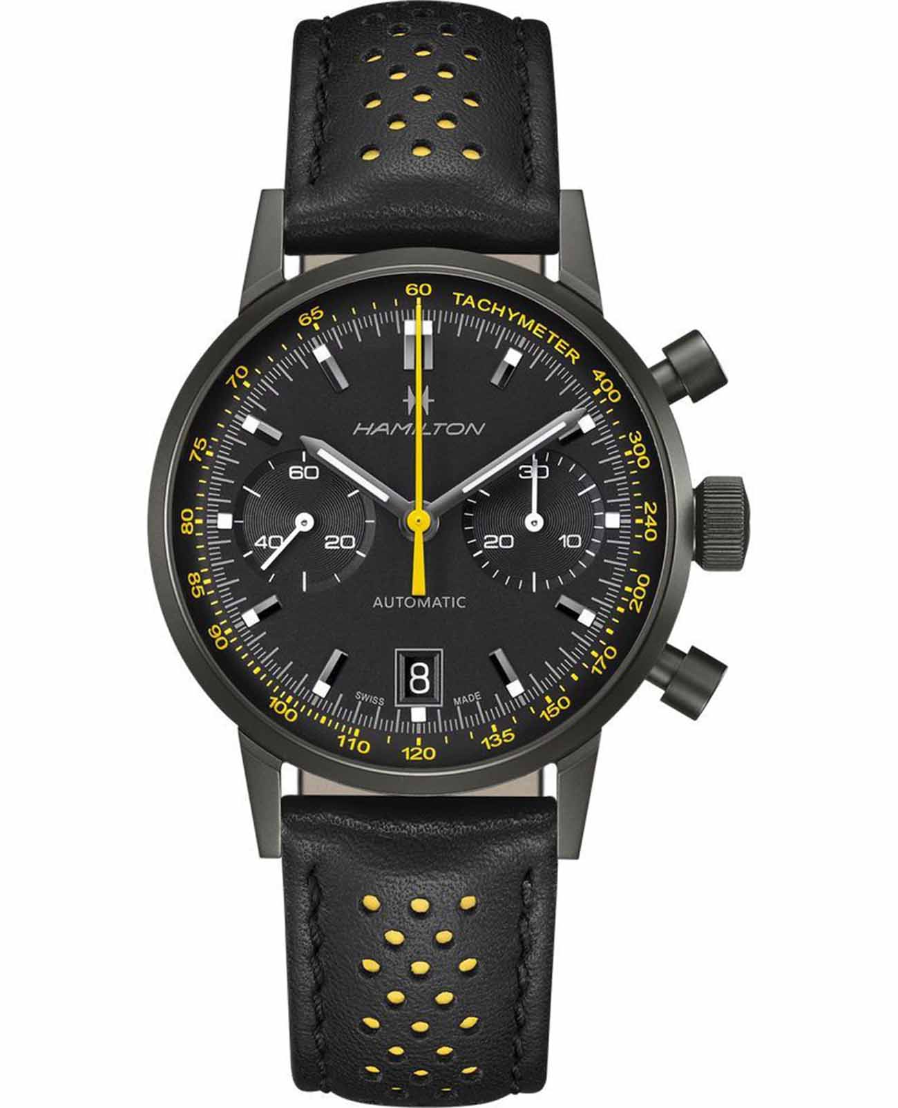 Hamilton Hamilton American Classic Intra-matic Autochrono Full Black H38446731  H38446731 механические мужские часы черный циферблат, браслет кожаный — вид спереди
