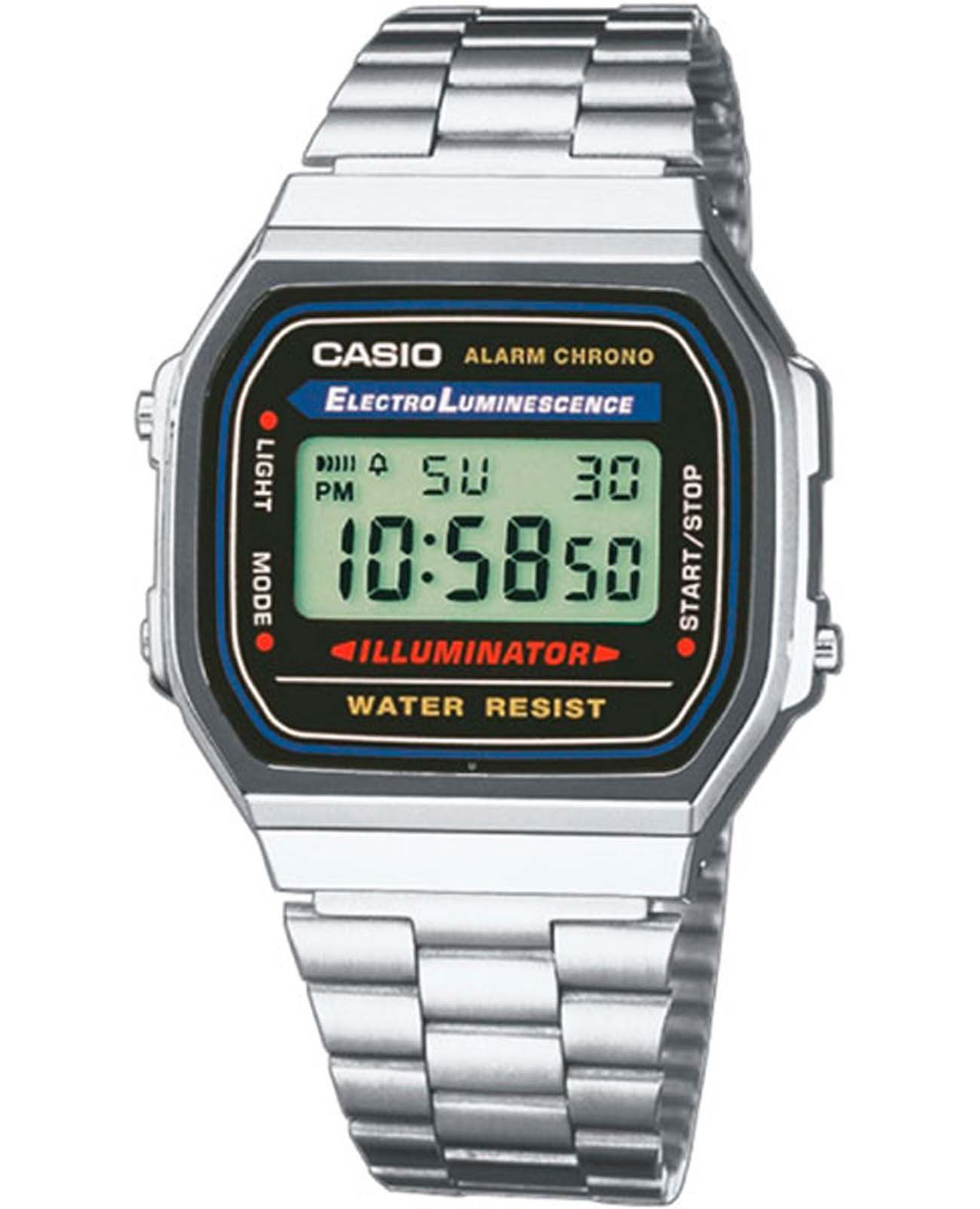 Casio Casio Vintage A168WA-1WDF (A168WA-1W)  A168WA-1W кварцевые мужские часы  циферблат, браслет нержавеющая сталь — вид спереди