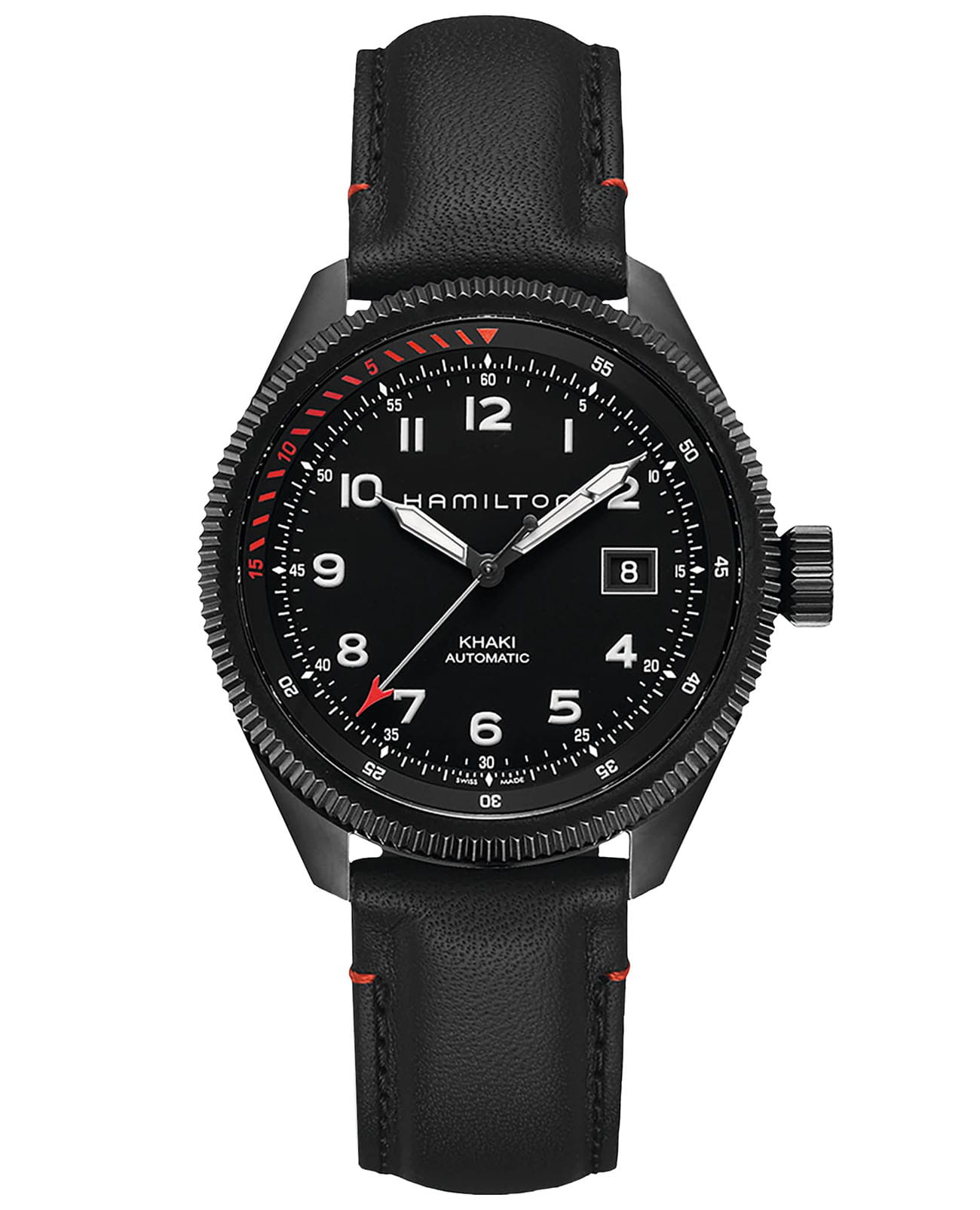 Hamilton Hamilton Khaki Aviation Takeoff Air Zermatt Auto H76695733  H76695733 механические мужские часы черный циферблат, браслет кожаный — вид спереди