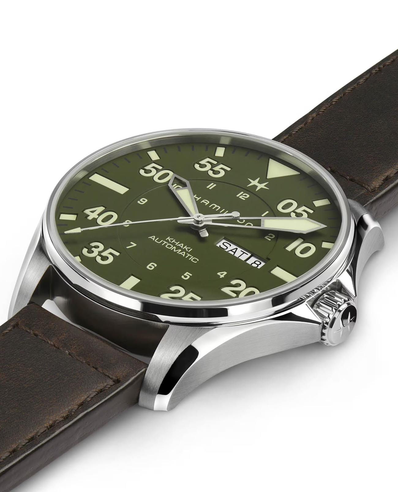 Hamilton Hamilton Khaki Aviation Pilot Schott NYC H64735561 механические мужские часы часы крупный план зеленый циферблата