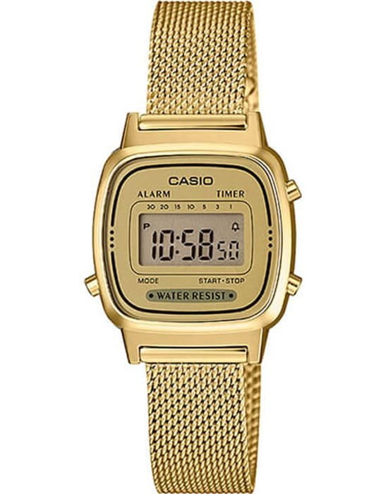 Casio Casio Collection LA670WEMY-9E Retro LA670WEMY-9E кварцевые женские часы черный циферблат, браслет 18-каратное желтое золото — вид спереди