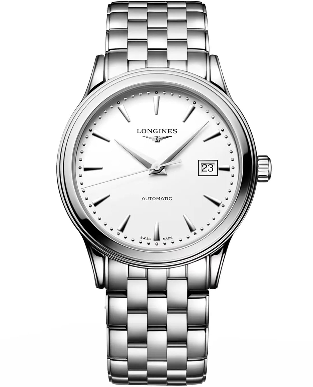 Longines Longines Flagship L4.984.4.18.6  L49844186 механические мужские часы белый циферблат, браслет нержавеющая сталь — вид спереди