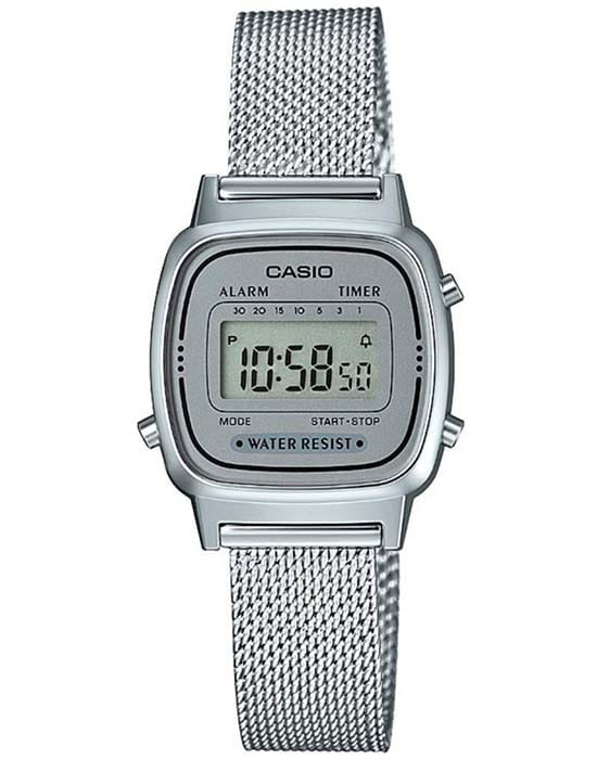 Casio Casio Vintage LA670WEM-7E  LA670WEM-7E кварцевые женские часы серый циферблат, браслет 18-каратное желтое золото — вид спереди