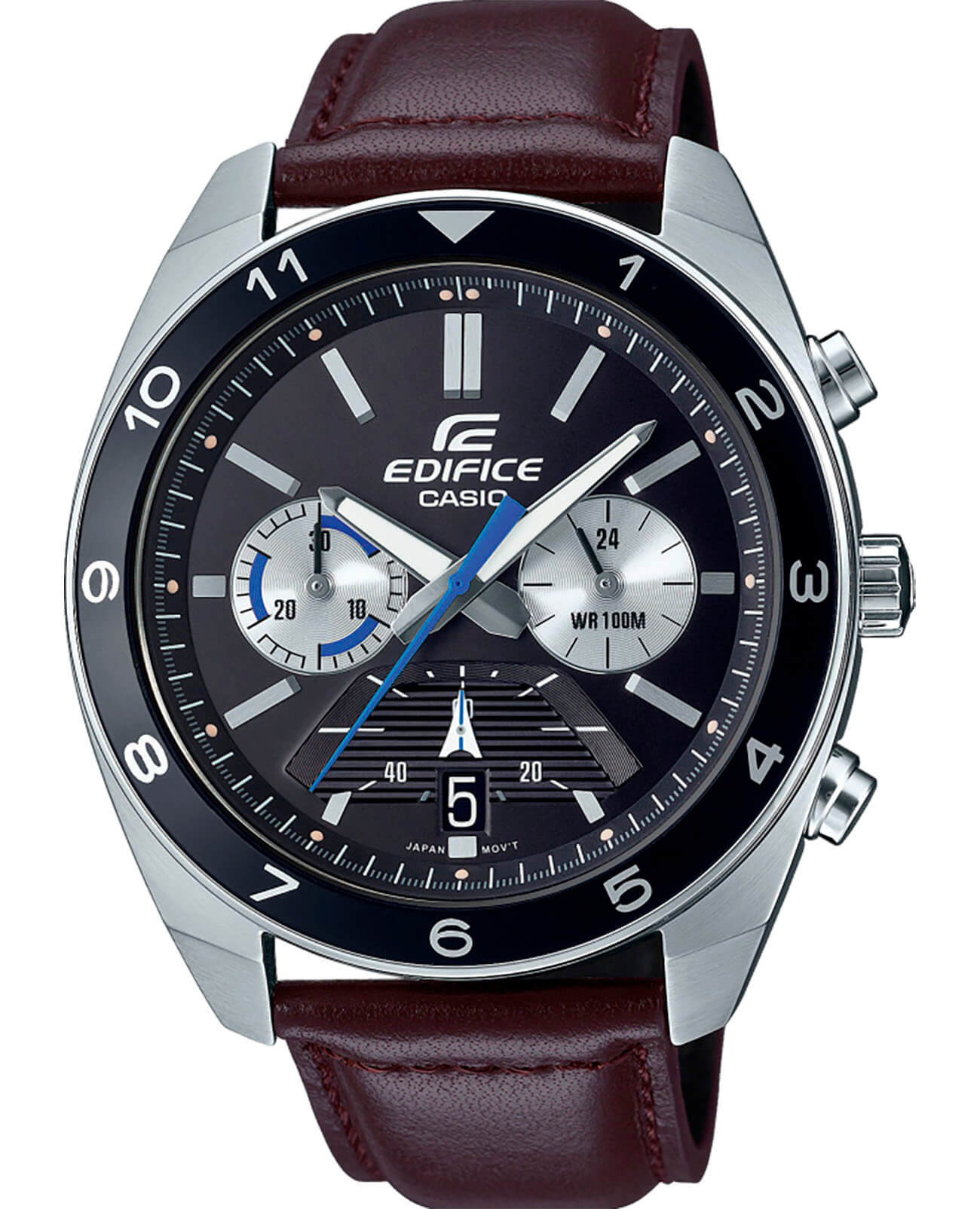 Casio Casio Edifice EFV-590L-1A EFV EFV-590L-1A кварцевые мужские часы черный циферблат, браслет кожаный — вид спереди