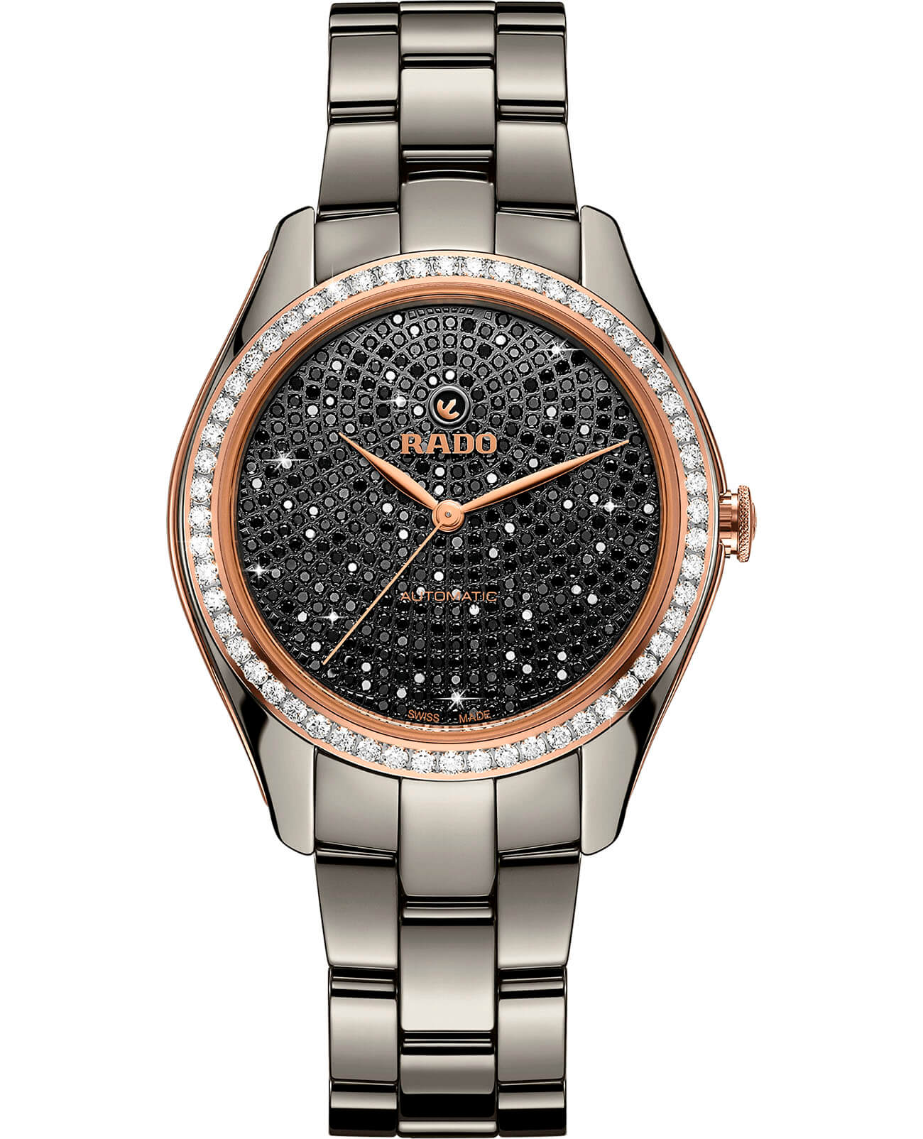 Rado Rado Hyperchrome Automatic Diamonds R32523722 Automatic R32523722 механические женские часы черный циферблат, браслет высокотехнологичная плазменная керамика + ceramos™ — вид спереди