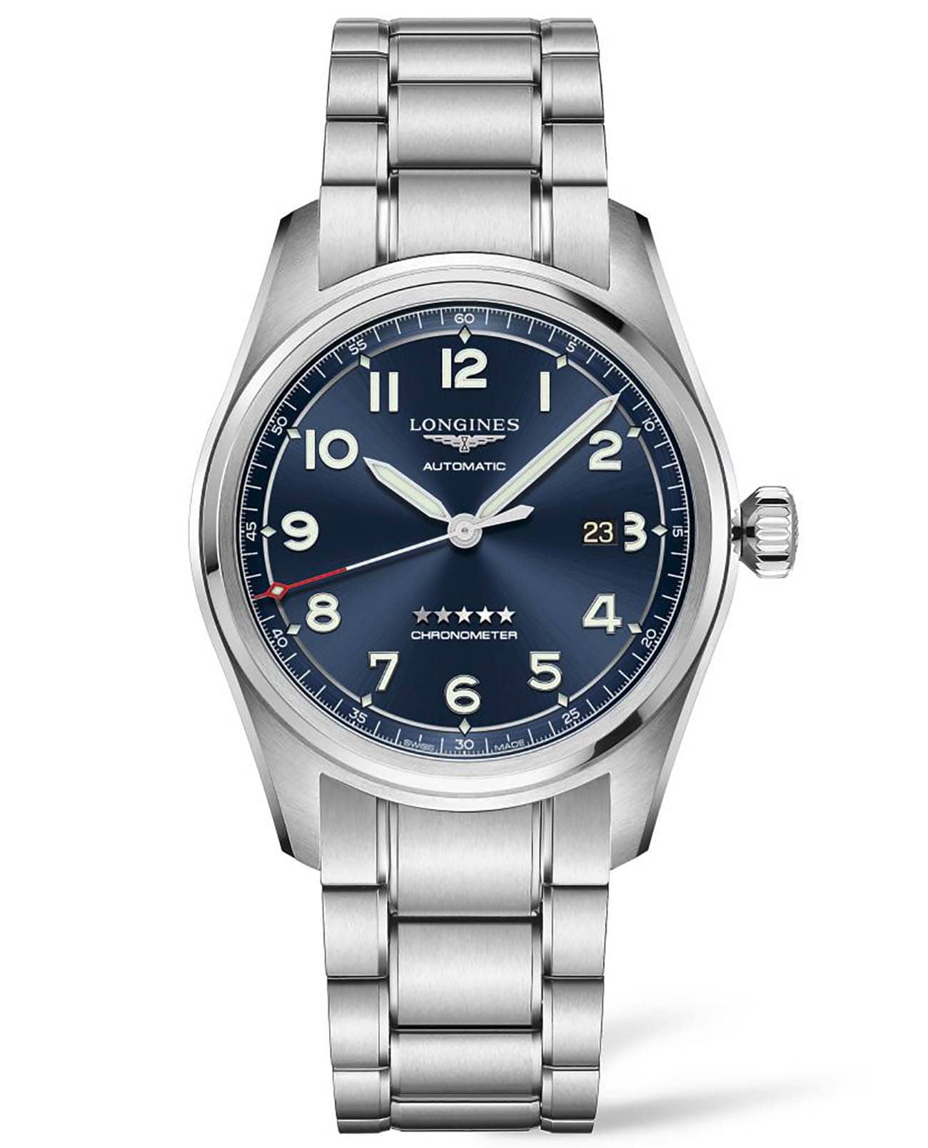 Longines Longines Spirit Prestige Edition L3.811.4.93.9  L38114939 механические мужские часы синий циферблат, браслет нержавеющая сталь — вид спереди