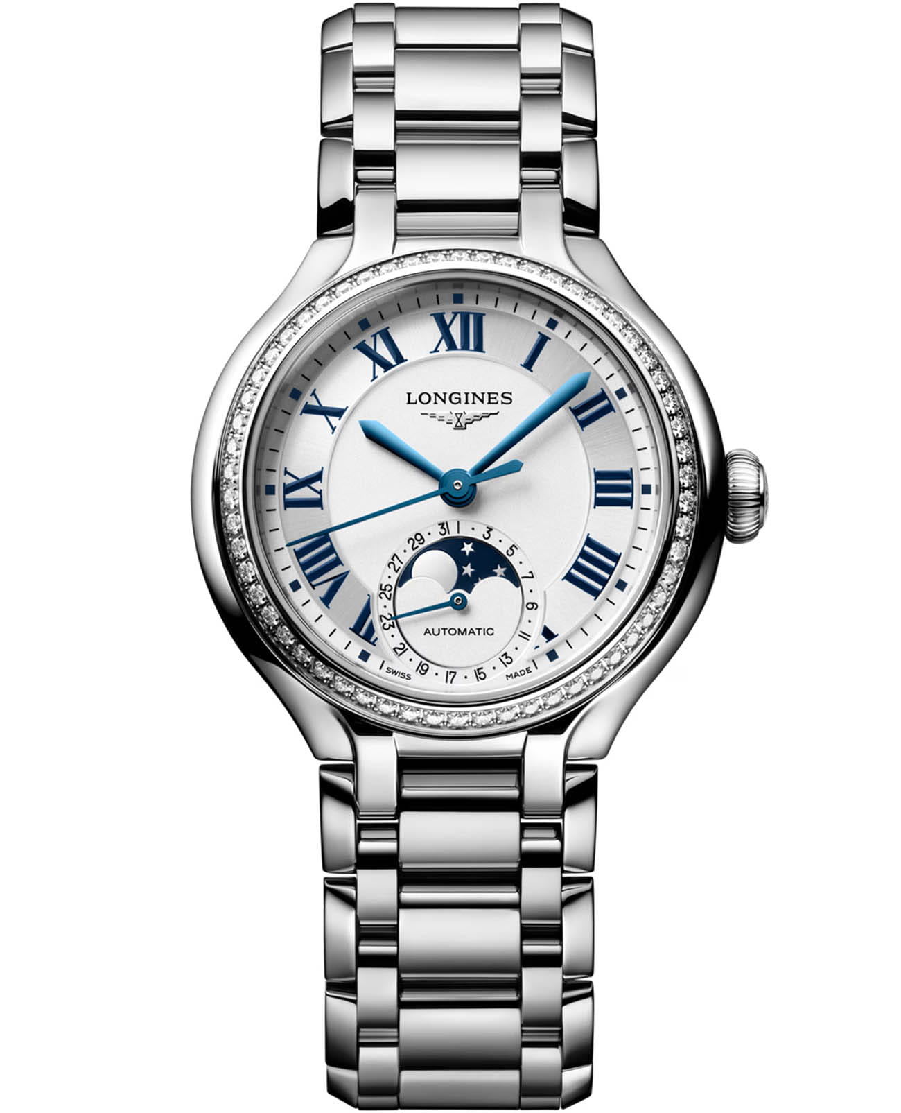 Longines Longines PrimaLuna Moonphase L8.126.0.71.6  L81260716 механические женские часы серебристый циферблат, браслет нержавеющая сталь — вид спереди