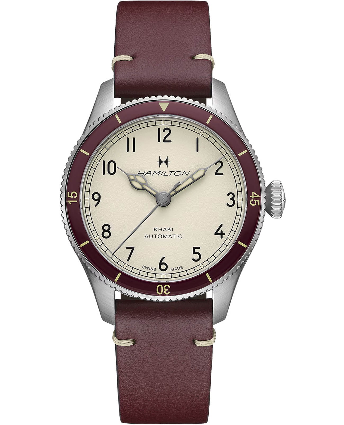 Hamilton Hamilton Khaki Aviation Pilot Pioneer Auto 38mm H76265810  H76265810 механические мужские часы бежевый циферблат, браслет кожаный — вид спереди