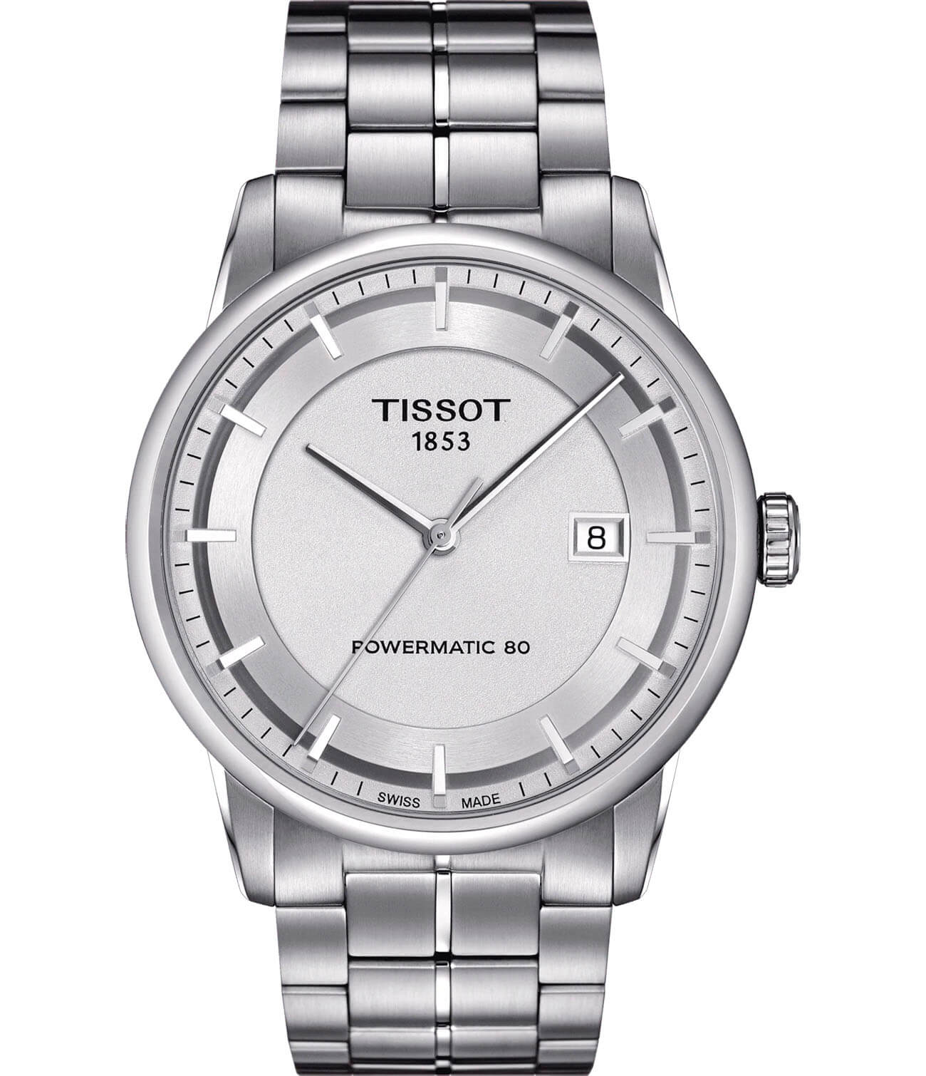 Tissot Tissot Luxury Powermatic 80 T086.407.11.031.00  T0864071103100 механические мужские часы серебристый циферблат, браслет нержавеющая сталь — вид спереди