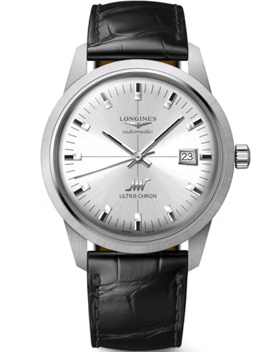 Longines Longines Heritage Ultra-Chron Classic 40 mm L2.937.4.72.2 Ultra-Chron L29374722 механические мужские часы серебристый циферблат, браслет кожаный — вид спереди