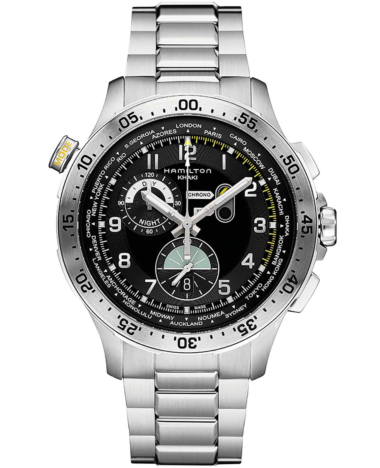 Hamilton Hamilton Khaki Aviation Worldtimer Chrono Quartz H76714135  H76714135 кварцевые мужские часы черный циферблат, браслет нержавеющая сталь — вид спереди