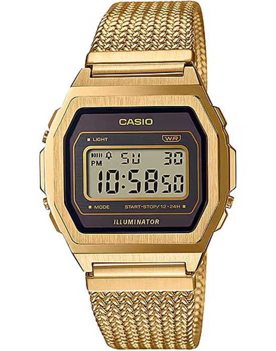 Casio Casio Vintage A1000MGA-5  A1000MGA-5 кварцевые женские часы  циферблат, браслет сталь с ip покрытием — вид спереди