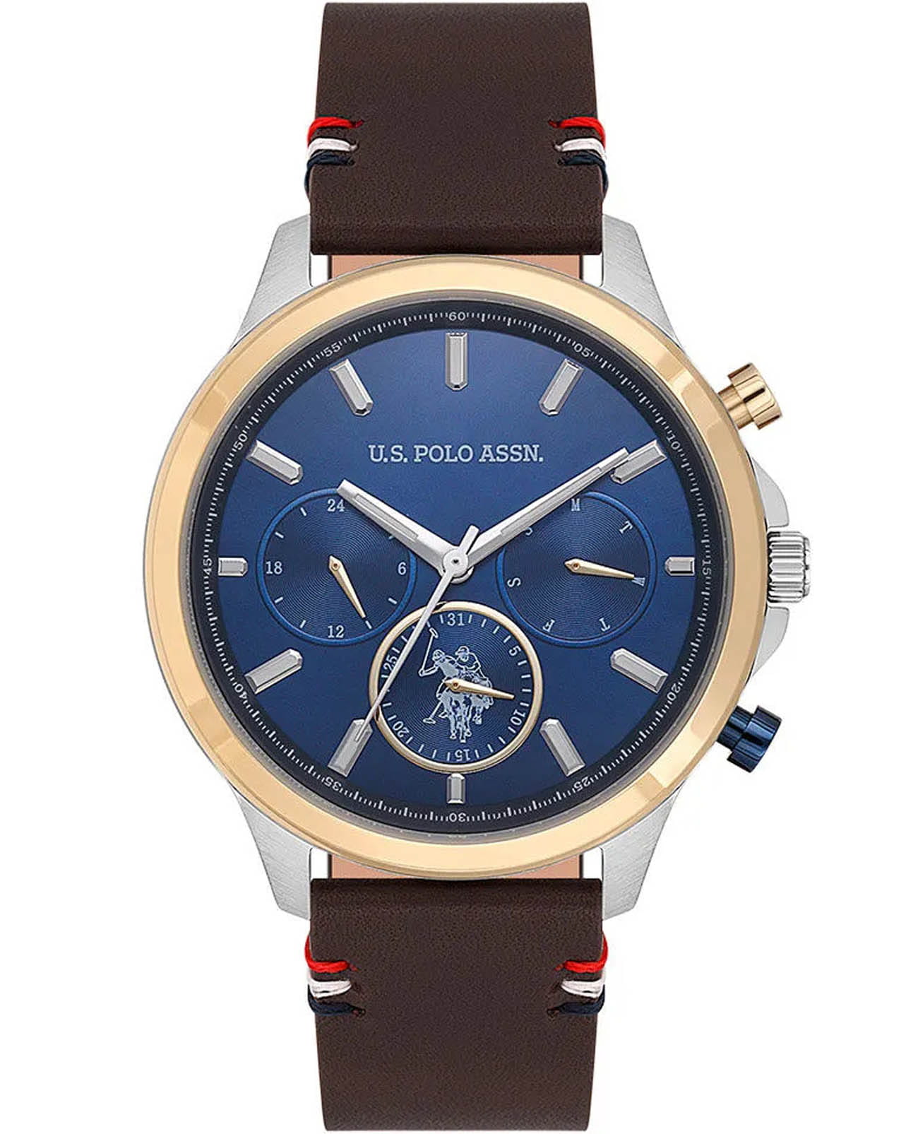 U.S. Polo Assn. U.S. Polo Assn. Crossing USPA1099-01  USPA1099-01 кварцевые мужские часы синий циферблат, браслет кожаный — вид спереди