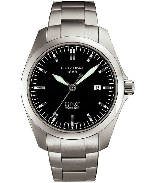 Certina Certina DS Pilot C260.7159.42.61  C26071594261 кварцевые мужские часы черный циферблат, браслет нержавеющая сталь — вид спереди