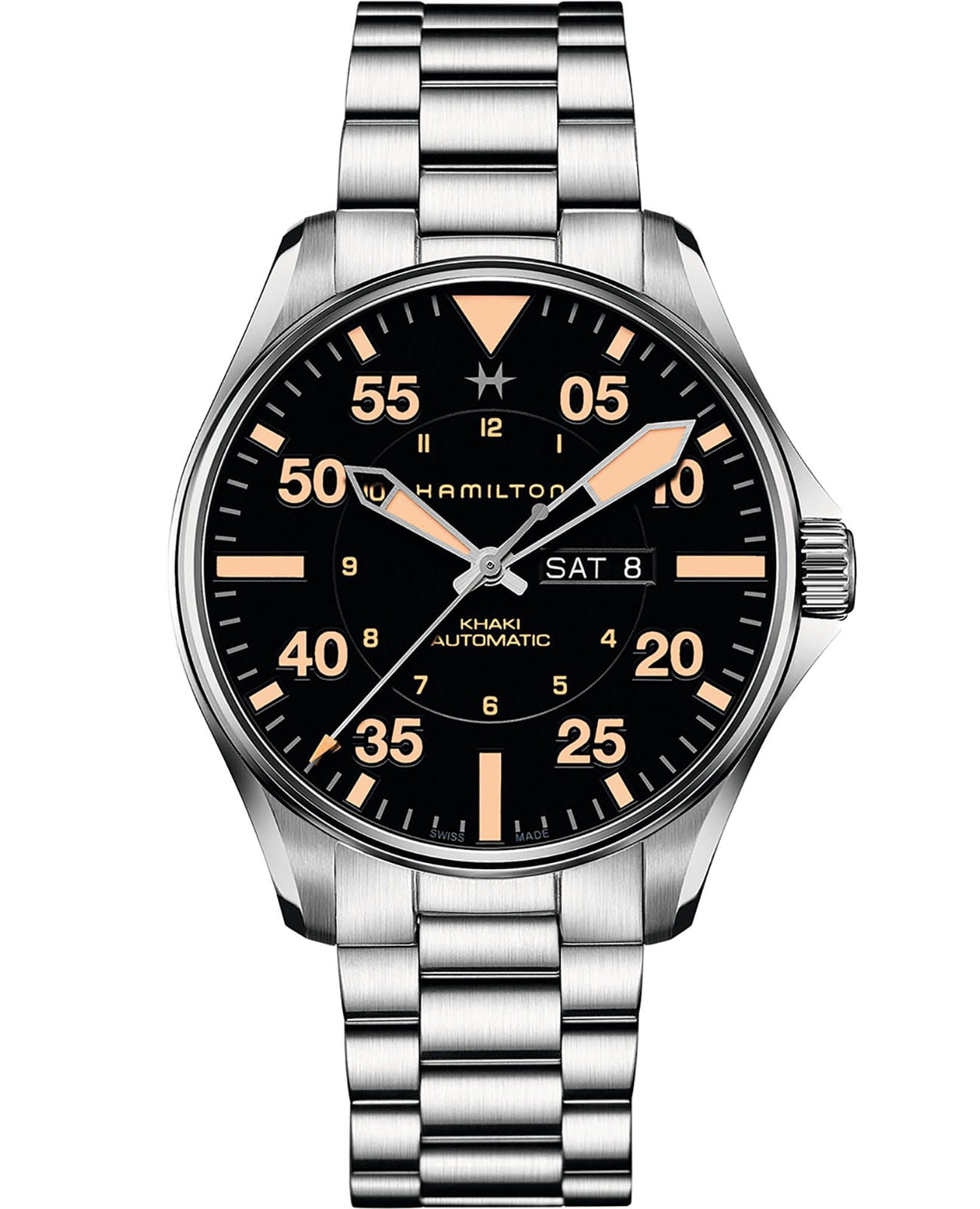 Hamilton Hamilton Khaki Aviation Pilot Day Date Auto H64725131  H64725131 механические мужские часы черный циферблат, браслет нержавеющая сталь — вид спереди