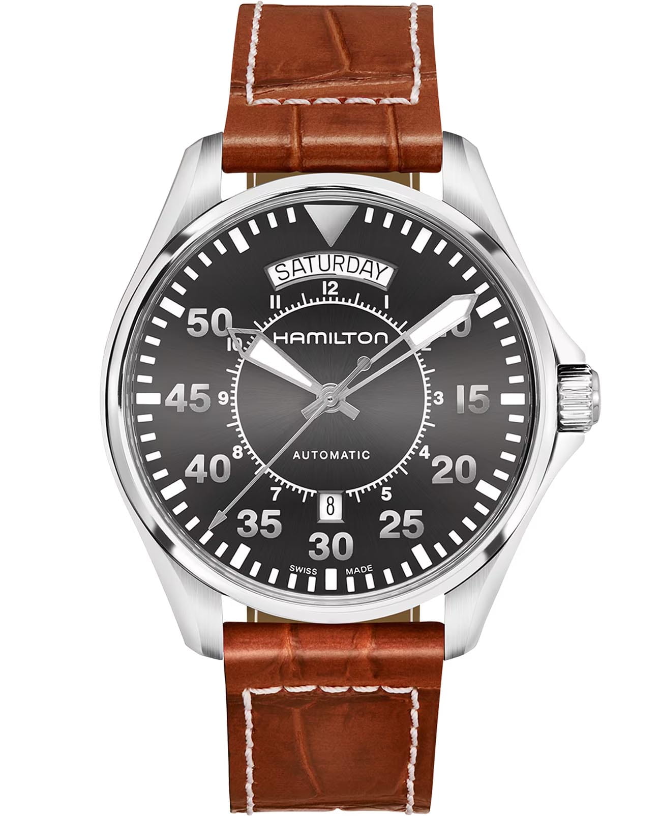 Hamilton Hamilton Khaki Aviation Pilot Day Date Auto H64615585  H64615585 механические мужские часы черный циферблат, браслет кожаный — вид спереди