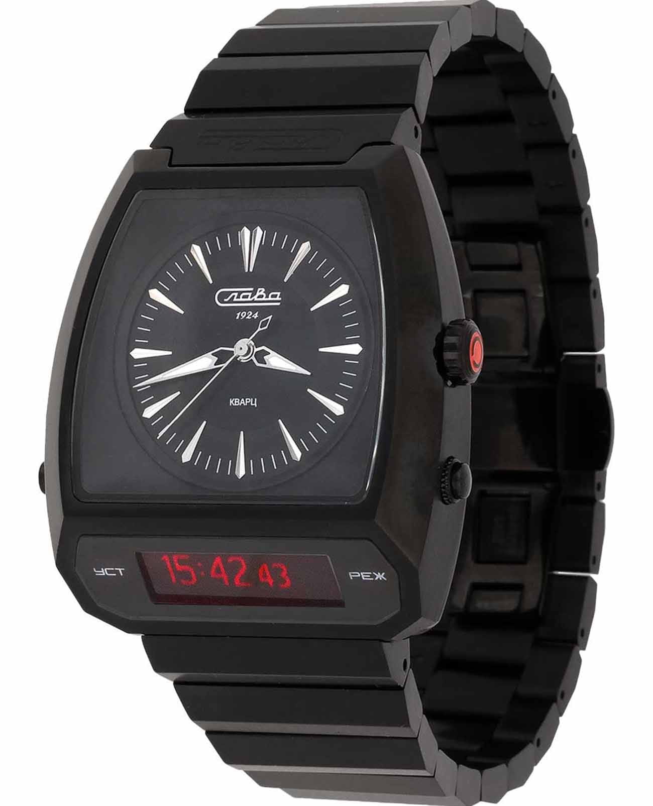 Слава Слава Погоня 9004737/100-GL32  9004737/100-GL32 кварцевые мужские часы черный циферблат, браслет титановый c ip покрытием — вид спереди