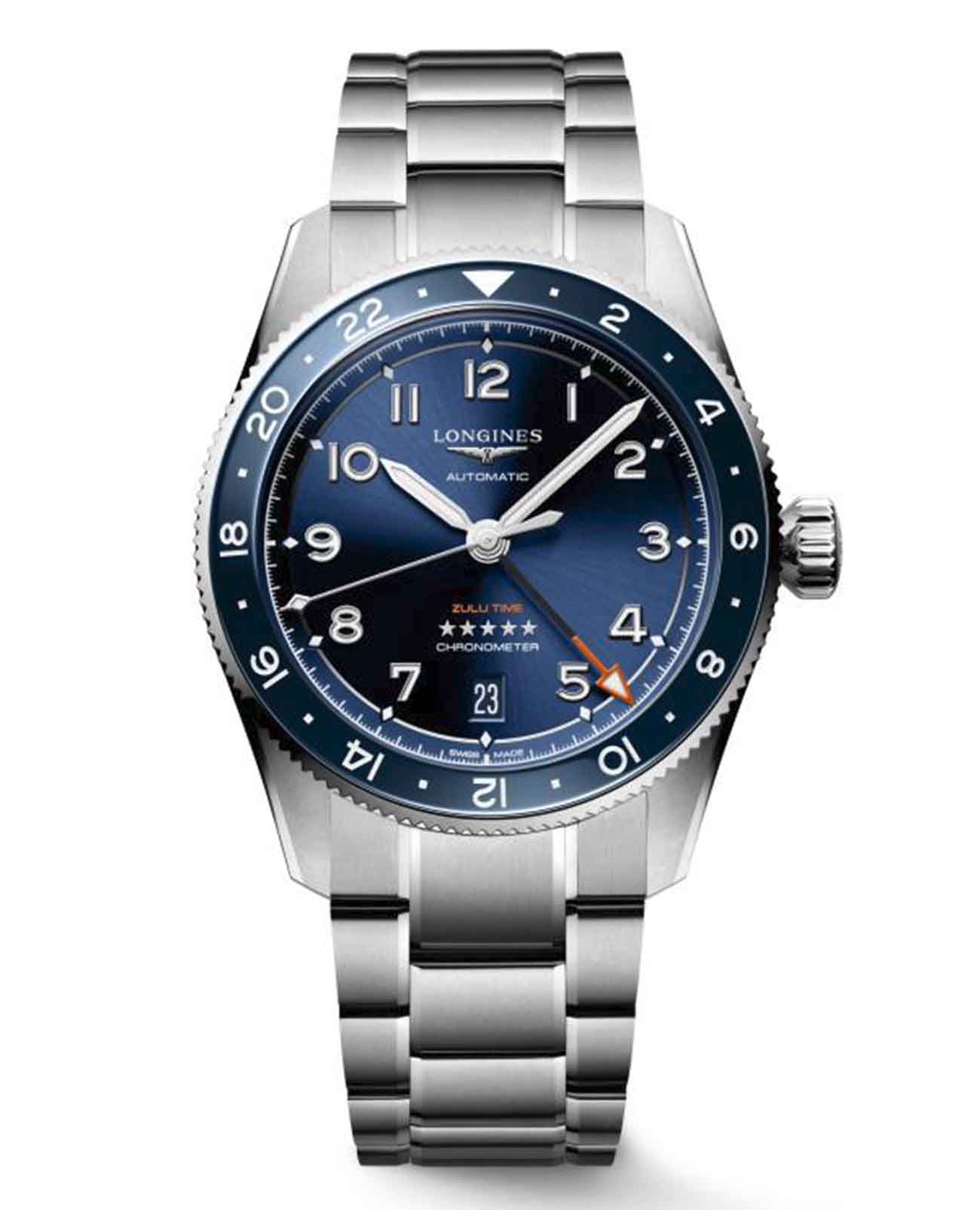 Longines Longines Spirit L3.802.4.93.6  L38024936 механические мужские часы синий циферблат, браслет нержавеющая сталь — вид спереди